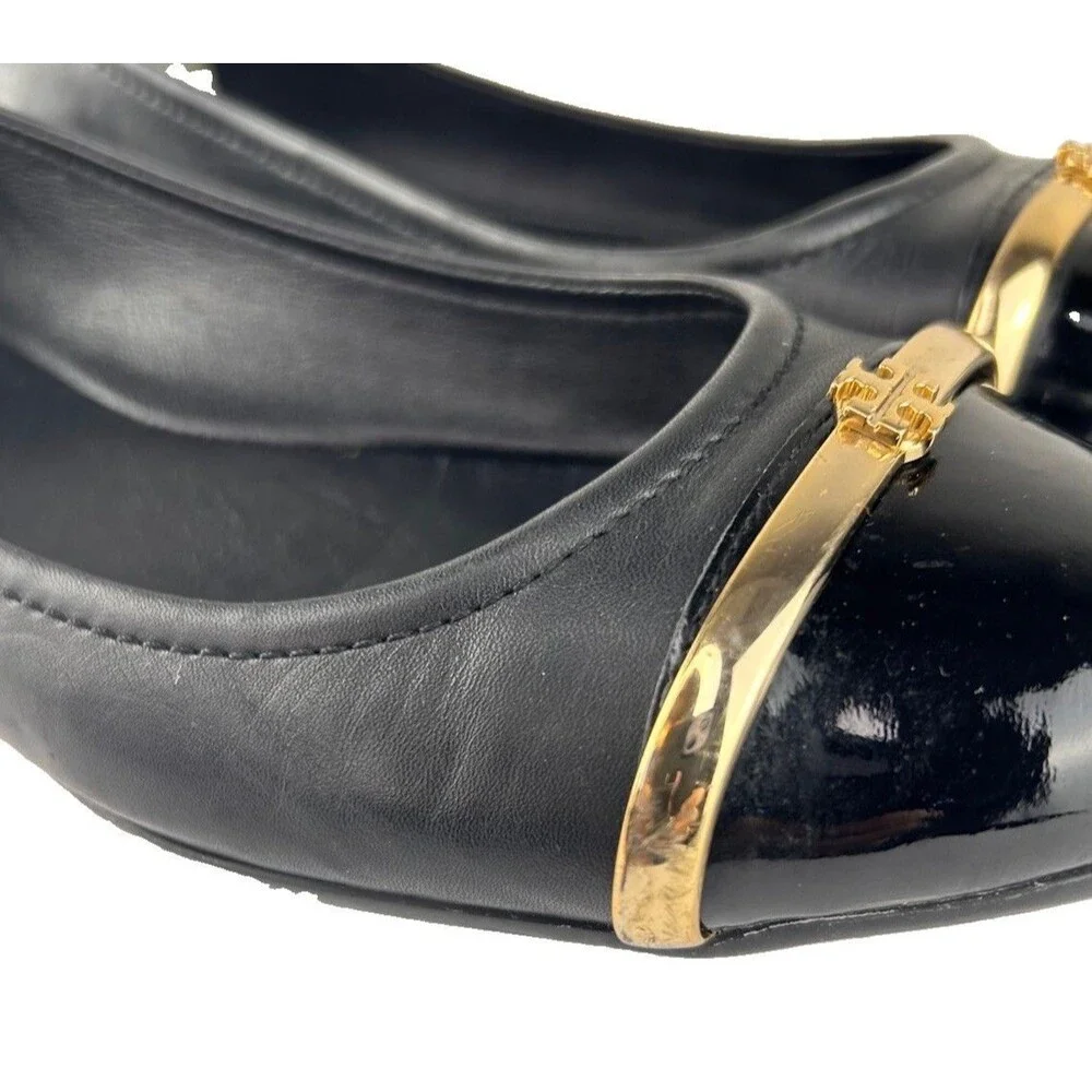 Tory Burch Pacey Black Patent Leather Toe Caps Gold Logo Ballerina Flats Size 10
